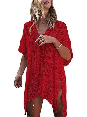 〽️Women Red Crochet Cover up Summer Swimsuit Bikini Swimwear Beach